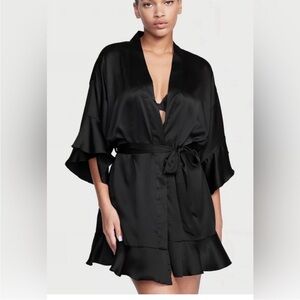 Victoria's Secret Satin Short Flutter Flounce Sleeve Black Robe XS/S